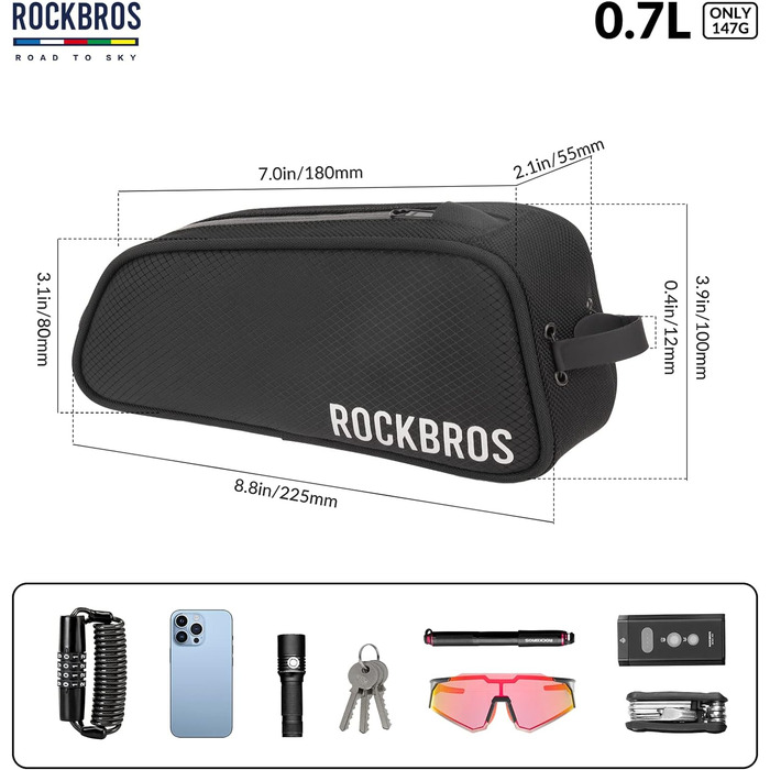 ROCKBROS водонепроникна верхня сумка на раму для велосипеда, 0,7 л, з відбивачем, сіра, для МТБ, шосейних і гравійних велосипедів