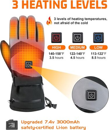 Гріючі рукавички 7.4V 3000mAh для жінок та чоловіків, водонепроникні, вітронепроникні, з підтримкою сенсорного екрану, для мотоциклів, катання на снігоходах, туризму та кемпінгу, чорні, XL
