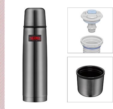 Термос із нержавіючої сталі Thermos Light & Compact 1 л, сірий, із чашкою, 24 год гарячий/холодний, герметичний, без BPA, для напоїв, підходить для посудомийної машини