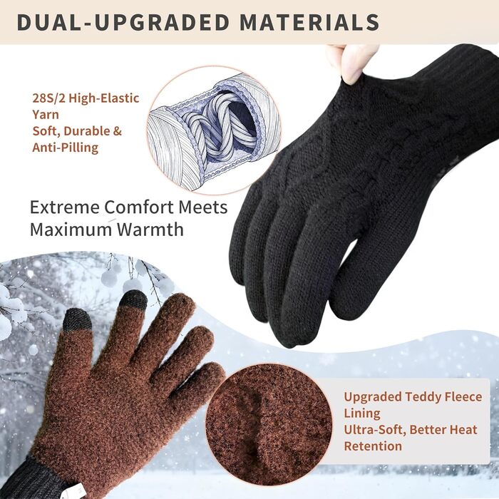 Зимові рукавички Origem для чоловіків та жінок. Теплі рукавички з вовни з підкладкою з флісу, сенсорні, для спорту та активного відпочинку. Чорний колір.