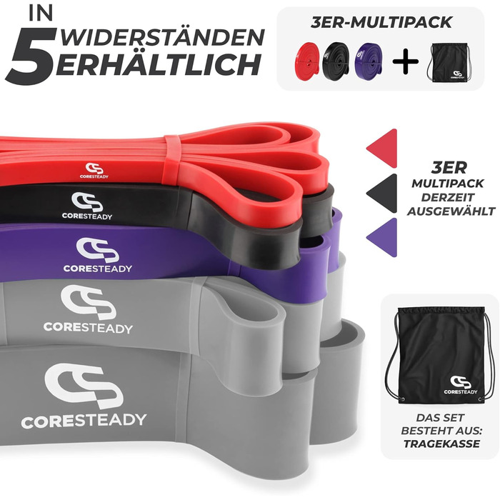 Фітнес-стрічка Coresteady для тренувань – гумова еспандер-стрічка для підтягувань, силових вправ і нарощування м’язів, для чоловіків і жінок, міцна, набір 3 шт. (червона, чорна, фіолетова)