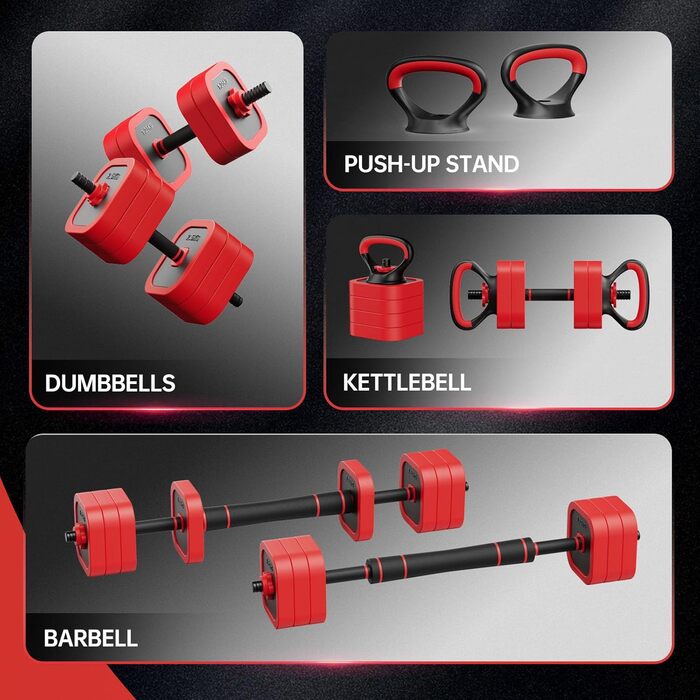 Набір гантелей JOROTO 30 кг 4-в-1: гантелі, штанга, гиря та бруси для дому. Ідеально для силових тренувань та фітнесу.