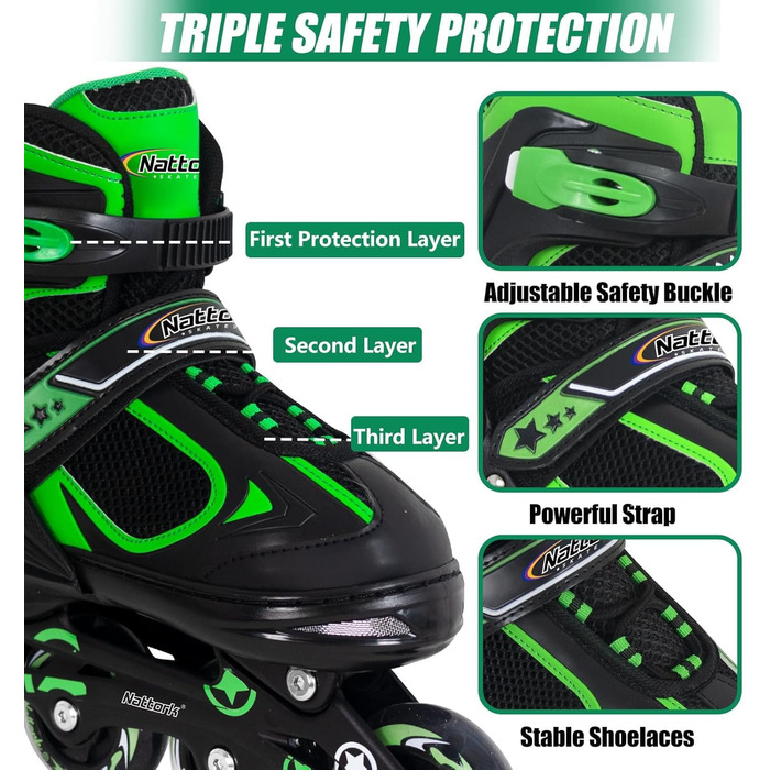 Ролики дитячі Nattork з підсвічуванням, ролики для катання на вулиці та в приміщенні (32-36), зелені