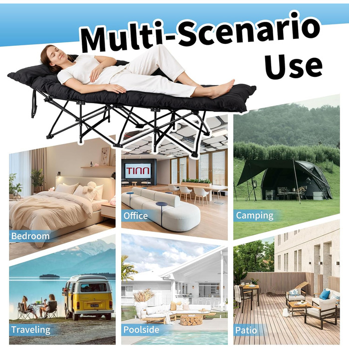 Лежанка туристична складна LEADZM з матрацом, 190x71x36 см, сталевий каркас, чорна