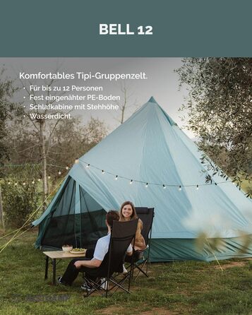 Намет JUSTCAMP Bell Tipi для сім'ї та групи (4-12 осіб) - водонепроникний (3000 мм), з висотою у стоячи положення, 2 кольори (сірий, м'ятний)