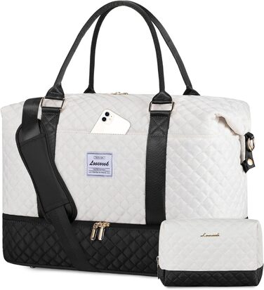 Спортивна сумка LOVEVOOK для жінок з відділенням для взуття, ручна поклажа, дорожня сумка, сумка для вихідних, містка для спортзалу, пляжу, подорожей, пологів (L-2шт, Бежевий, Чорний)