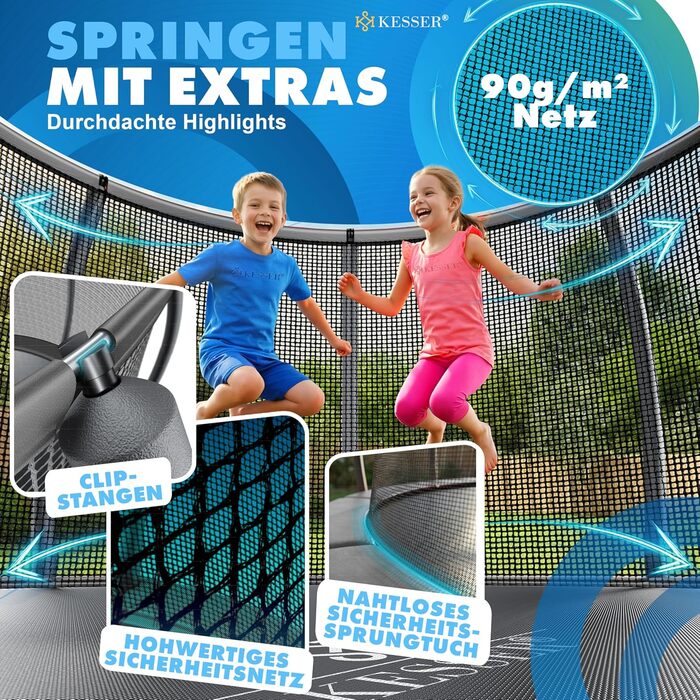 Батут KESSER® Outdoor Ø 244/305/366/427 см з сертифікатом GS, для дітей та дорослих (до 150 кг) з захисним сітком, сумкою, сходами, захисним бортиком та м'якими стійками сітки, антрацит