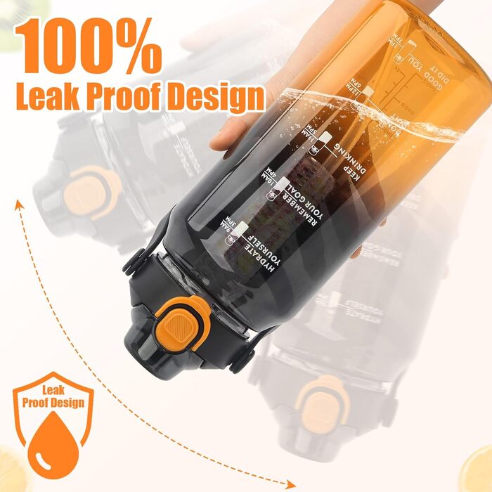 Спортивна пляшка для води MOMSIV 2L з трубочкою та контейнером для фруктів, з позначками часу, чорно-помаранчевого кольору, BPA-Free, для фітнесу, кемпінгу, йоги