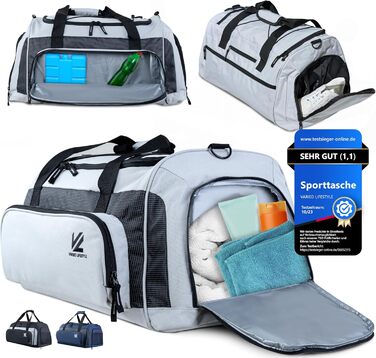 Спортивна сумка V® з відділенням для взуття, мокрою білизною та ізольованим холодильним відсіком. Сумка для сауни, подорожей, спортзалу, фітнесу, плавання. Чорний-сірий, чорно-сріблястий (XL, сріблясто-карбоновий)