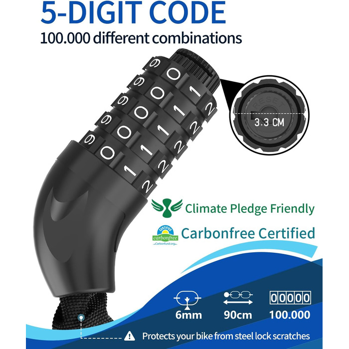 Замок для велосипеда з 5-значним кодом, сталевий, протиугінний, велосипедна ланцюгова засувка, чорний