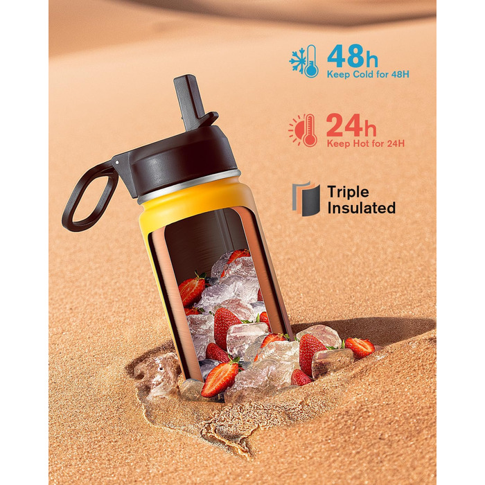 Фляга Coolflask 1,2 л з ізоляцією та соломинкою, нержавіюча сталь, 3 кришки, для спорту та офісу, зберігає холод до 48 годин, тепло до 24 годин, сіро-зелений колір (Ombré жовто-помаранчевий, 591 мл)