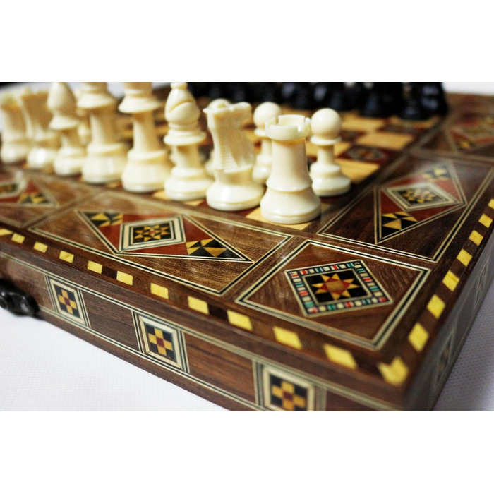 Дерев'яна настільна гра 3 в 1 Backgammon, шахи, дама 30x30 см, ручна робота, інтарсія, комплект із фігурами та фішками