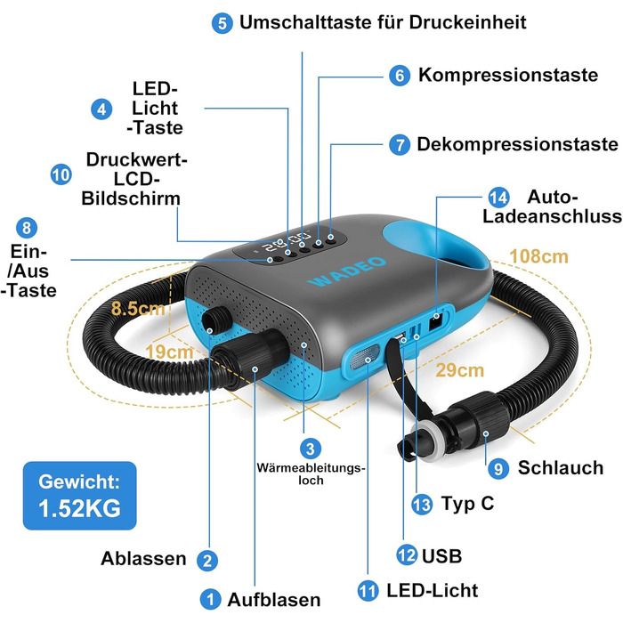 Електрична повітряна помпа SUP з акумулятором 18000mAh, WADEO 20 PSI, LED-ліхтар, швидка зарядка 110V/12V, автовимкнення, для SUP, човнів, каяків, наметів, матраців