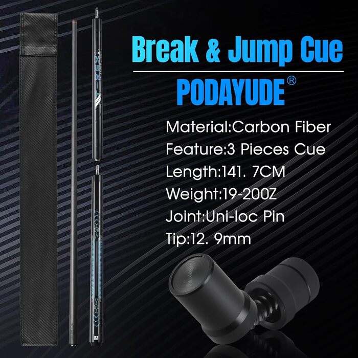 PODAYUDE Білльярдні кийки 3 шт. з карбону, низька відволікаюча лінія, 12.9 мм наконечник, з PU-чохлом, синій