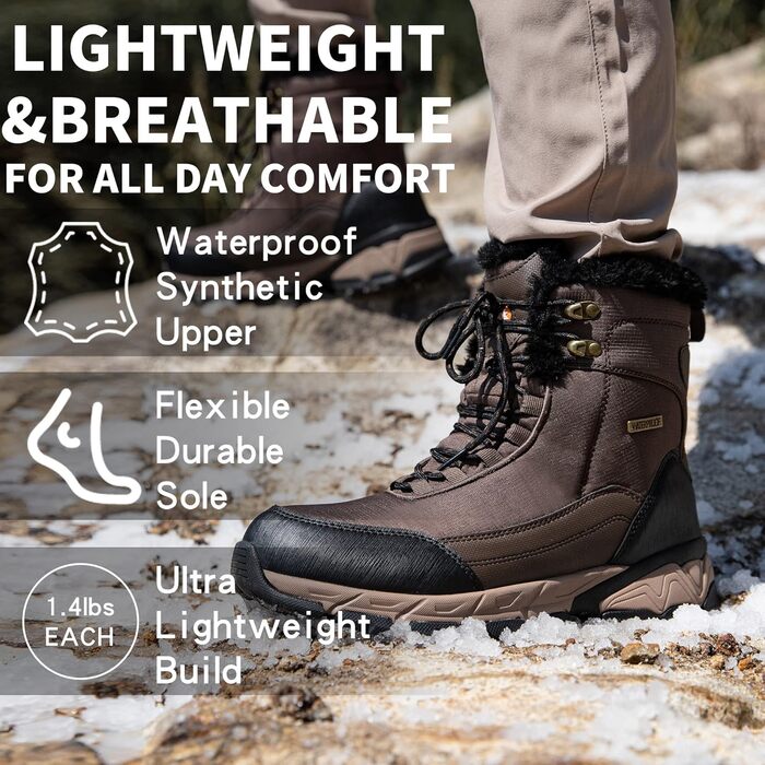 Чоловічі зимові чоботи SHULOOK: водонепроникні, теплі, з підкладкою з хутра, для трекінгу та хайкінгу, колір коричневий