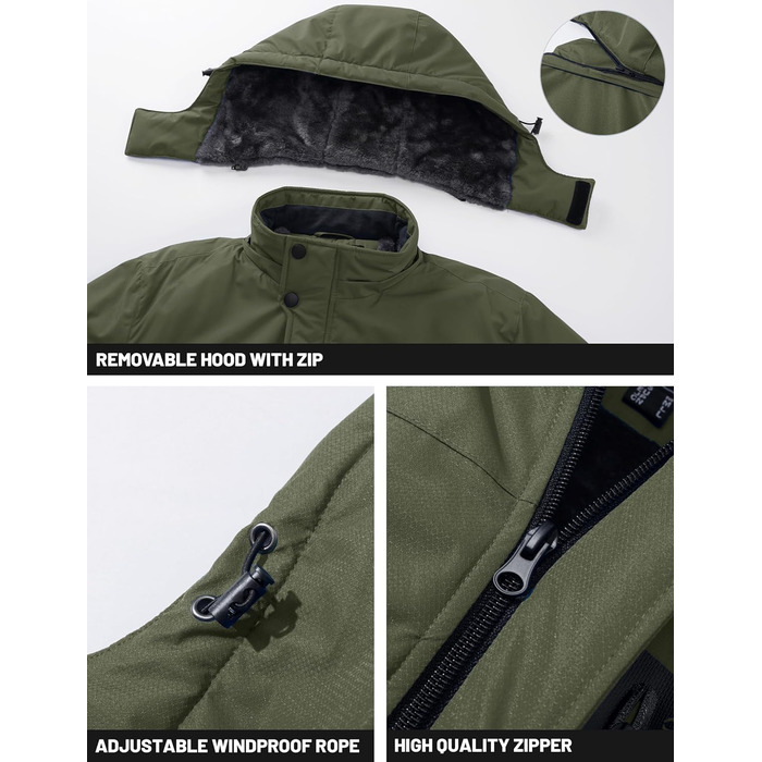 TACVASEN Зимова куртка для чоловіків, водонепроникна, тепла, флісова підкладка, софтшел, дихаюча, функціональна куртка з відстібаною капюшоном (S, армійний зелений)