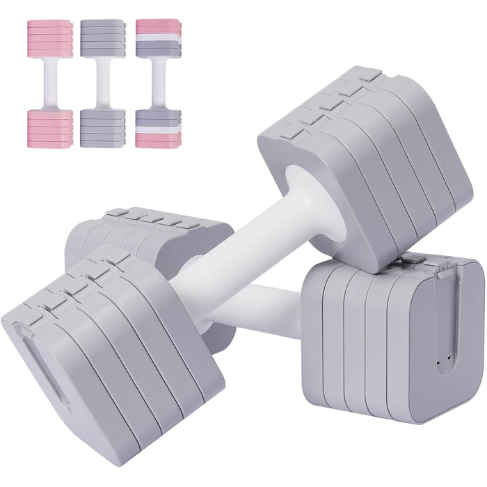 Регульовані гантелі 10 кг (2 x 5 кг), водонепроникні, компактні, легко регулюються, ідеальні для домашніх тренувань (сірі)