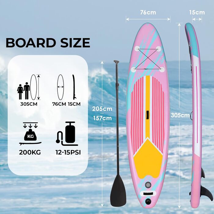 Надувний SUP дошка Stand Up Paddle 305 см для дорослих, рожева. Комплект з аксесуарами, для будь-якого рівня підготовки, вантажопідйомність 200 кг (2 особи)