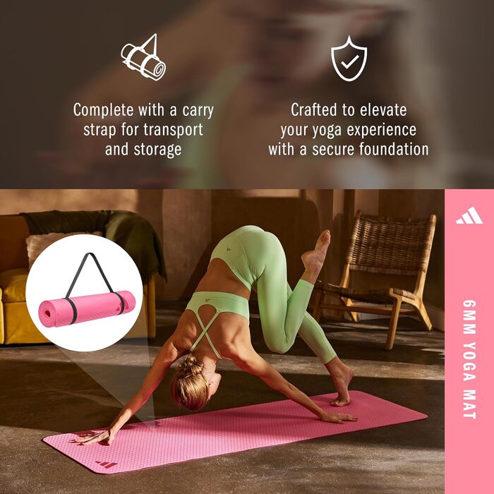 Килимок для йоги Adidas 6 мм, протиковзаючий, з перероблених матеріалів (176 x 61 см), Pink Fusion