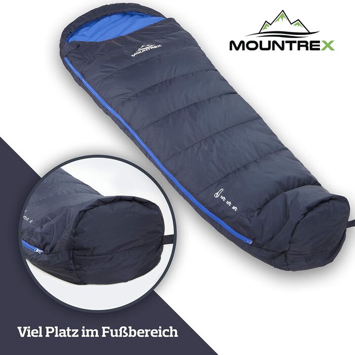 Сплячий мішок MOUNTREX® - ультралегкий, компактний (760г/1500г) - для кемпінгу, подорожей, фестивалів. 3-4 сезони, Mumienschlafsack, 1500г (RV Links). Темно-синій/синій.