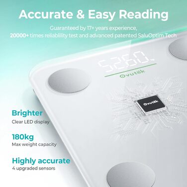 Ваги Ovutek для тіла з аналізом складу: жир, м'язи, вода, BMI. Максимальне навантаження 180 кг, великий дисплей, фітнес-додаток. Білий колір