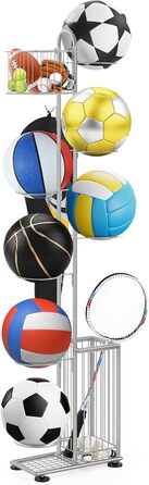 Металева стійка для м'ячів Smusei, 7-ярусна, з 2 кошиками та гачками. Організатор для баскетболу, футболу, волейболу та інших м'ячів. Сріблястий колір