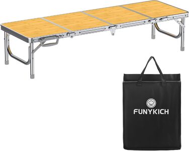 Складний кемпінговий стіл FUNYKICH 116x40x26 см, жовтий - алюмінієвий, MDF стільниця, з сумкою для перенесення, для пікніка, пляжу, балкону