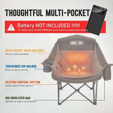 Овермонт Розкладне крісло для кемпінгу з підігрівом XL для дорослих – ідеально для зимових походів, риболовлі (Хакі)