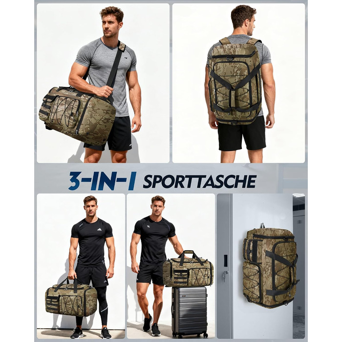 Спортивна сумка RAINSMORE 45L 3-в-1 для фітнесу та подорожей з відділенням для взуття та вологих речей, водонепроникна дорожня сумка (Хакі Камуфляж)