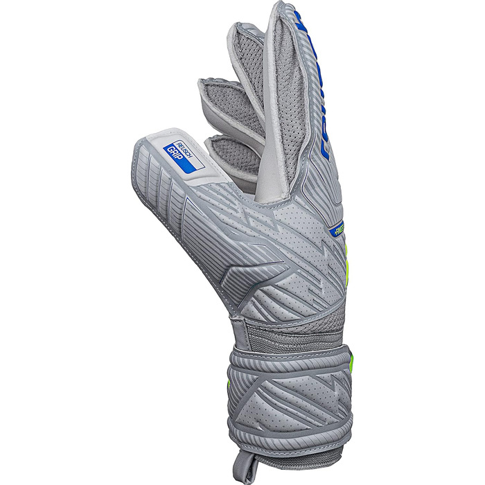 Воротарські рукавички Reusch Attrakt Finger Support для дорослих, з зовнішнім швом і захистом пальців, універсальні для всіх типів футбольних полів, сірі-блакитні-жовті, розмір 10