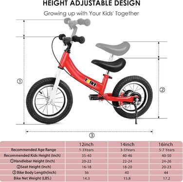 Дитячий велосипед YBIKE 2-в-1: біговел та велосипед, 12/14/16 дюймів, з гальмами та педалями, для дітей 1-7 років (червоний, 14 дюймів)
