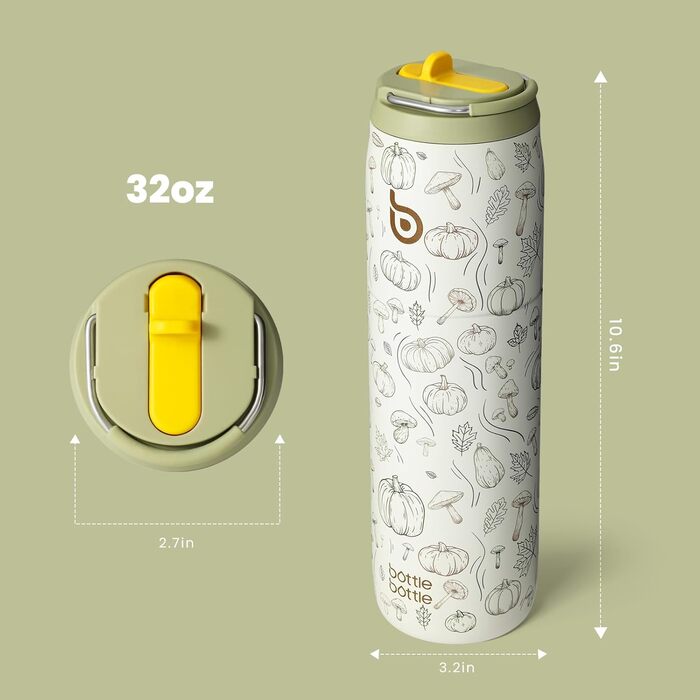Термос пляшка bottlebottle 946 мл з трубочкою, нержавіюча сталь, подвійні стінки, для спорту, подорожей, BPA-free, гарбузовий колір