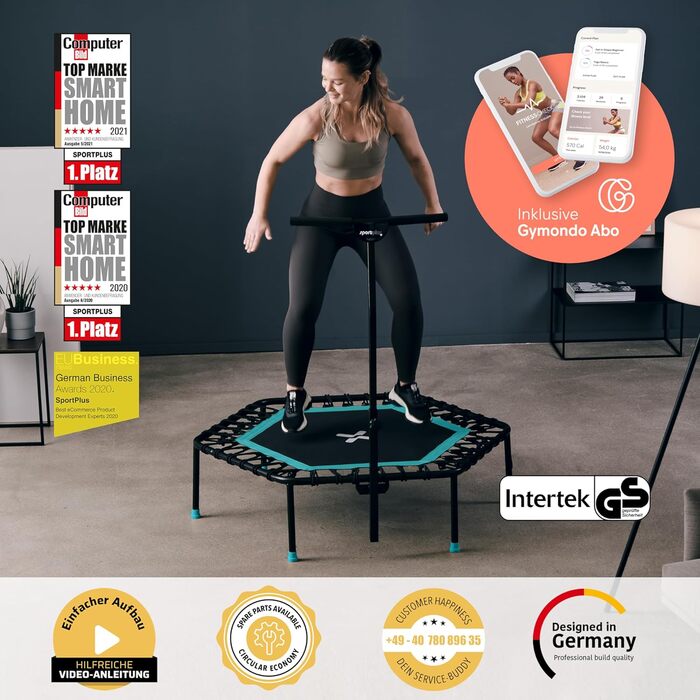Фітнес батут SportPlus для дому 126 см, тиха гумова підвіска, 5-рівнева ручка, для приміщення, до 130 кг, з безкоштовною підпискою Gymondo