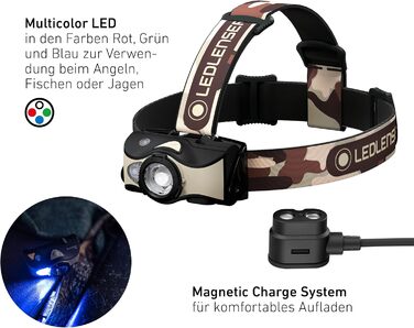 Ліхтар налобний Ledlenser MH8 Outdoor, чорний, акумуляторний, 600 люмен, регульований, до 40 годин роботи, червоне/зелене/синє світло, живлення від 2xAA, блокування транспортування, для полювання та риболовлі