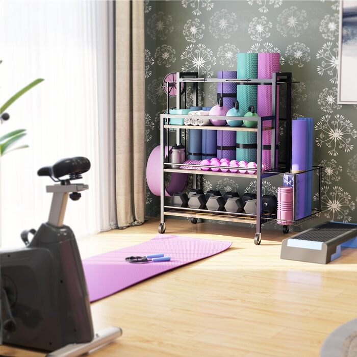 Стійка для зберігання обладнання для дому EasyCom: гантелі, гирі, ролик для пресу, килимок, стрічка, еластичні стрічки. З гачками та колесами, чорний колір