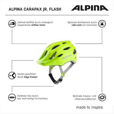 ALPINA CARAPAX JR. FLASH – дитячий велосипедний шолом з LED підсвіткою, легкий і безпечний, з сіткою від комах, матовий, розмір 51-56 см