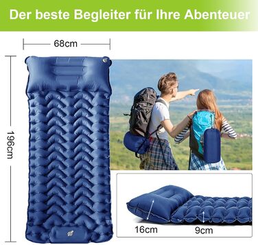 Каремат туристичний самонадувний Cunbayi з інтегрованими подушками та насосом. Підходить для кемпінгу, походів, пляжу та подорожей. Синій колір.