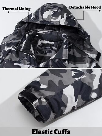 TACVASEN Куртка зимова чоловіча водонепроникна тепла, флісова підкладка, софтшелл, дихаюча, функціональна з відстібною капюшоном (3XL, Чорний камуфляж)