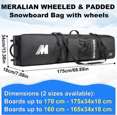 Чохол для сноуборду на колесах, 170 см, чорний. Захисний кейс для сноуборду та черевиків.