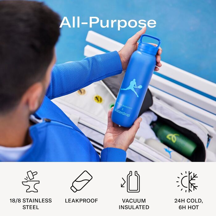 Термобутилка Waterdrop MICRODRINK x Novak Djokovic 1 л — ізольована питна пляшка з нержавіючої сталі, зберігає холод 24 години і тепло 12 годин, герметична та ударостійка