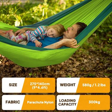 Гамак для кемпінгу NATUREFUN | Легкий, 300 кг, 275x140 см, дихаючий, швидковисихаючий, нейлон, 2 карабіни, 2 петлі, для дому та саду