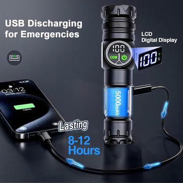 Ліхтар ICARE 600000 Люмен, Тактичний LED ліхтар USB, Cob XHP70.2, IP67, 9 режимів, для кемпінгу, туризму, надзвичайних ситуацій