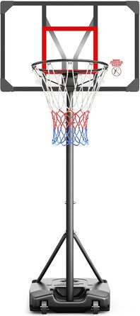 Баскетбольний кошик вуличний дитячий/підлітковий на колесах, регульована висота 147-260 см, з полікарбонатною щитом 82x53 см та розширеною основою, чорно-червоний