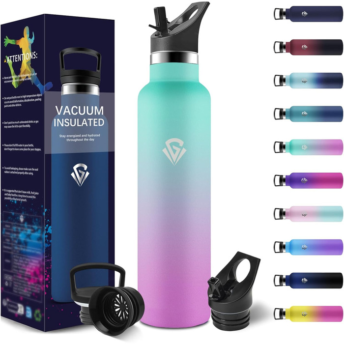 Термофляшка 1000 мл, не містить BPA, з нержавіючої сталі, подвійні стінки, ізольована, з трубочкою, для газованої води (зелений & фіолетовий)