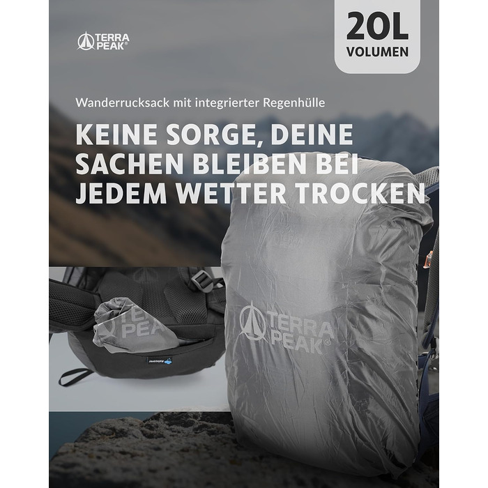 Рюкзак Terra Peak 20 л з вентильованою спинкою, питною системою та дощовиком, туристичний міський рюкзак з поясом для походів, синій
