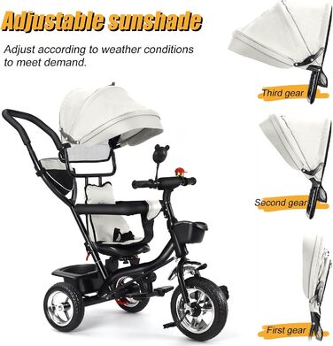 Триколісний велосипед 4-в-1 для дітей від 1 року з батьківською ручкою – дитячий триколіс для 1-4 роки до 25 кг, регульована батьківська ручка, поворотне сидіння, складаний навіс та кошик – компактний та безпечний (світло-сірий)
