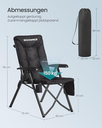 Складний туристичний стілець SONGMICS для відпочинку та риболовлі, чорний, з регульованою спинкою 95°-150°, з підстаканником та кишенею