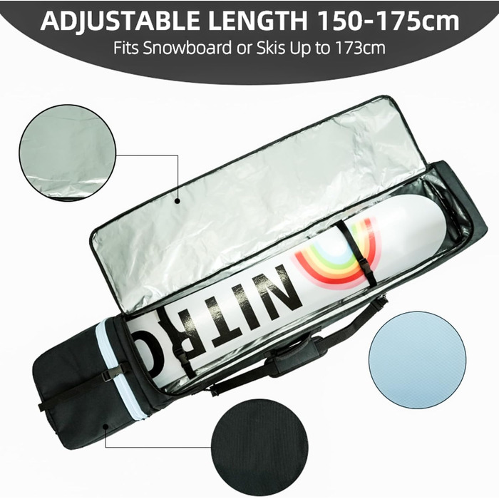 Чохол для сноуборду AUMTISC, чорний/синій, 155-180 см, водонепроникний, з регульованими лямками