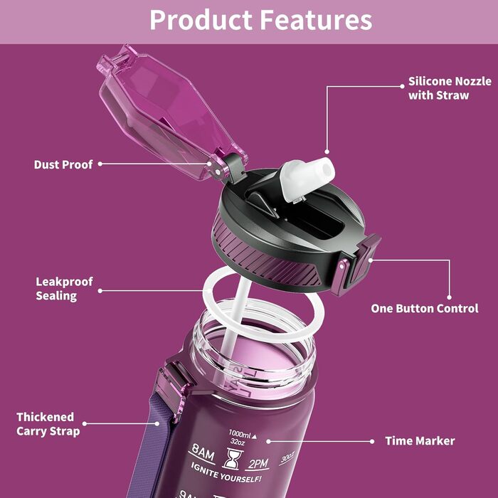 Спортивна пляшка для води 1л Tritan без BPA з трубочкою, з маркуванням часу та щіткою, для фітнесу, школи, йоги, активного відпочинку (1 шт., Рожевий)