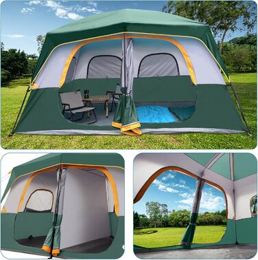 Намет кемпінговий 4-8 осіб Campingzelt водонепроникний, з тентом, зелений 360x270x200 см для кемпінгу, туризму та трекінгу